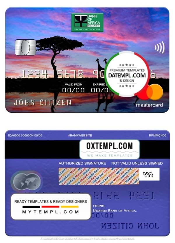 Uganda Bank of Africa mastercard, fully editable template in PSD format