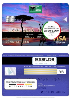 Uganda Bank of Africa visa electron card, fully editable template in PSD format