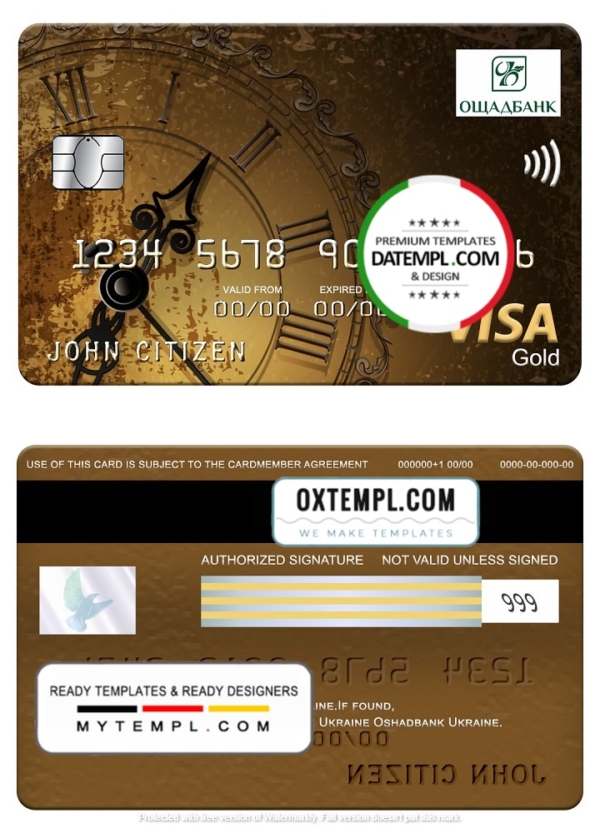 Ukraine Oshadbank visa gold card, fully editable template in PSD format