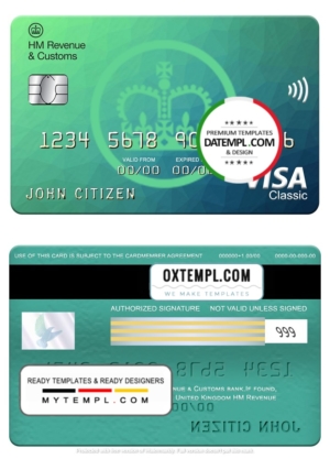 United Kingdom HM Revenue & Customs bank visa classic card, fully editable template in PSD format