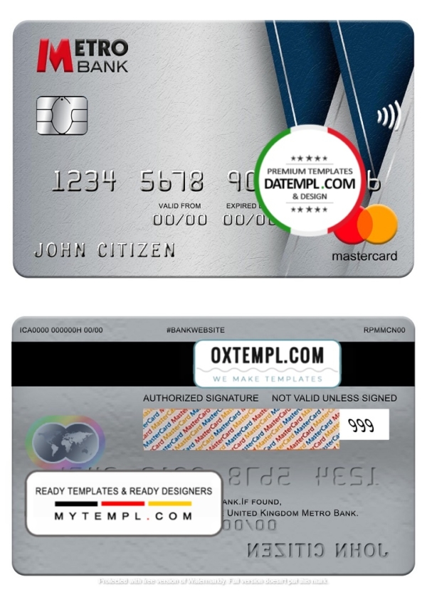 United Kingdom Metro Bank mastercard, fully editable template in PSD format