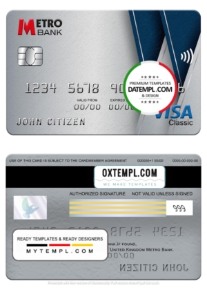 United Kingdom Metro Bank visa classic card, fully editable template in PSD format