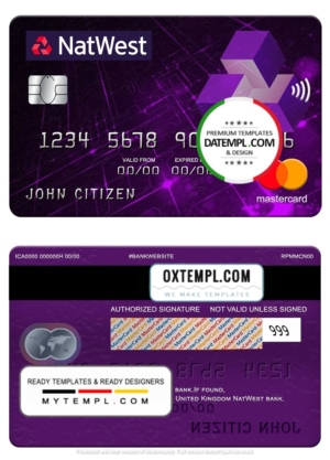 United Kingdom NatWest bank mastercard, fully editable template in PSD format