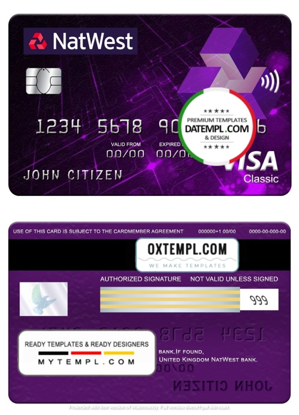 United Kingdom NatWest bank visa classic card, fully editable template in PSD format