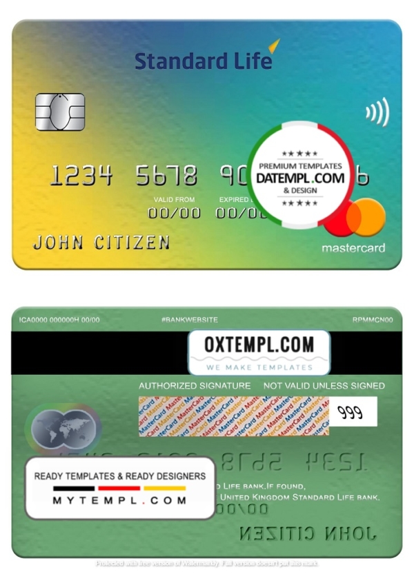 United Kingdom Standard Life bank mastercard, fully editable template in PSD forma