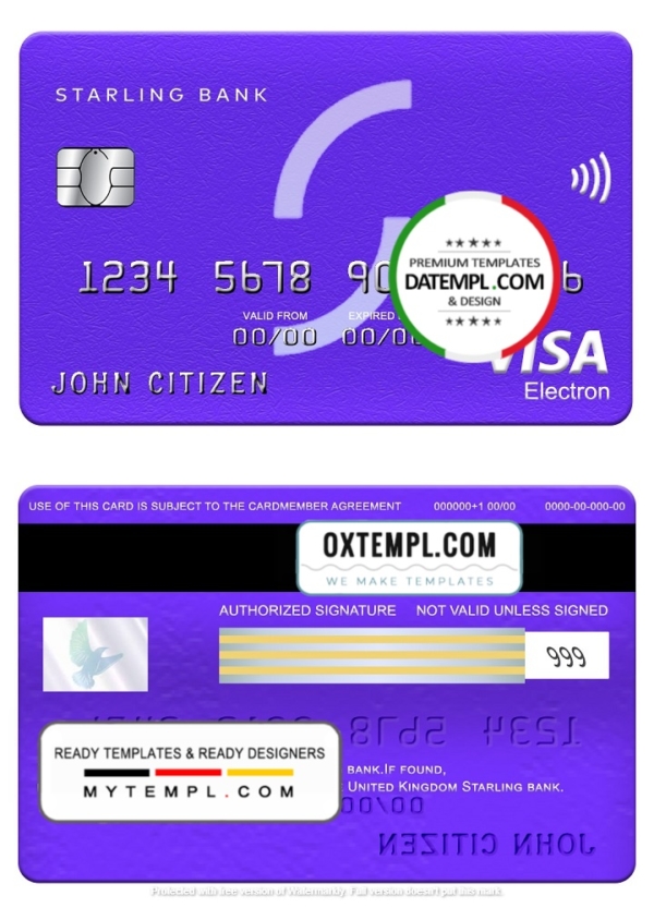 United Kingdom Starling bank visa electron card, fully editable template in PSD format