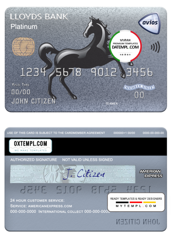 United Kingdom Lloyds american express platinum card template in PSD format, fully editable