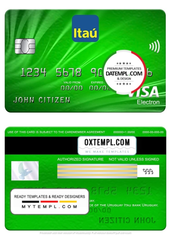 Uruguay Itau Bank visa electron card, fully editable template in PSD format