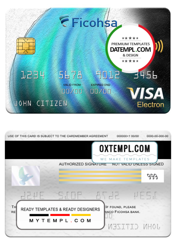 Nicaragua Banco Ficohsa bank visa electron card, fully editable template in PSD format