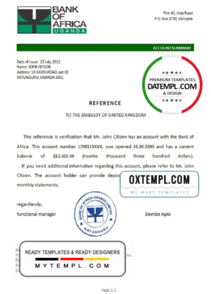 Uganda Bank of Africa account reference letter template in Word and PDF format