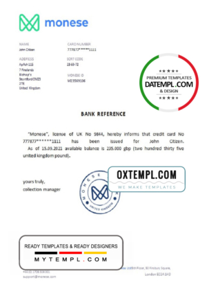 United Kingdom Monese bank account balance reference letter template in Word and PDF format