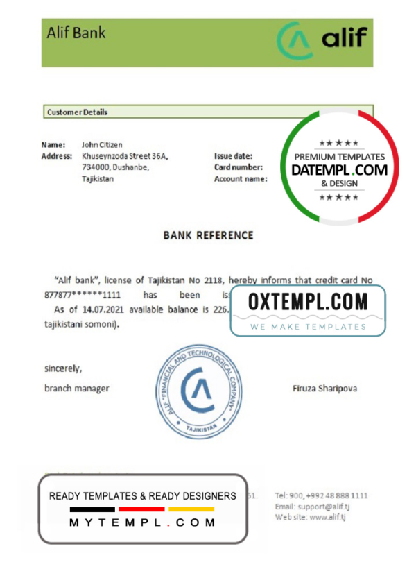 Tajikistan Alif bank reference account reference letter template in Word and PDF format