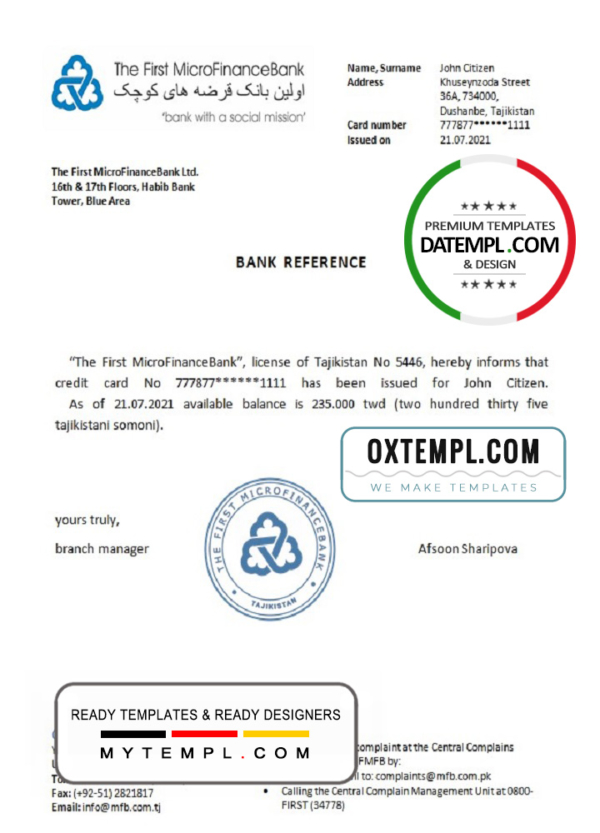 Tajikistan The First MicroFinanceBank reference account reference letter template in Word and PDF format