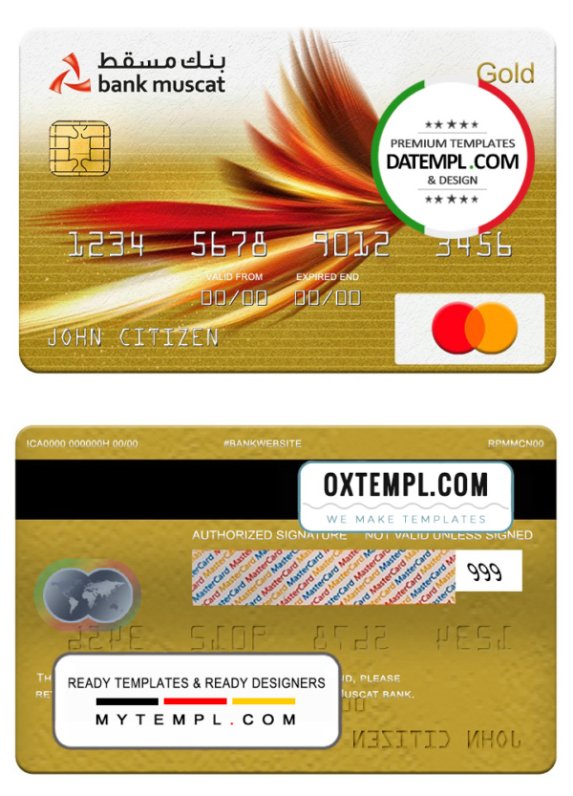 Oman Bank Muscat mastercard gold, fully editable template in PSD format