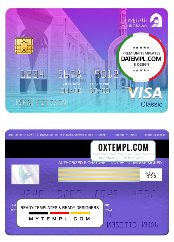 Oman bank Nizwa visa classic card, fully editable template in PSD format