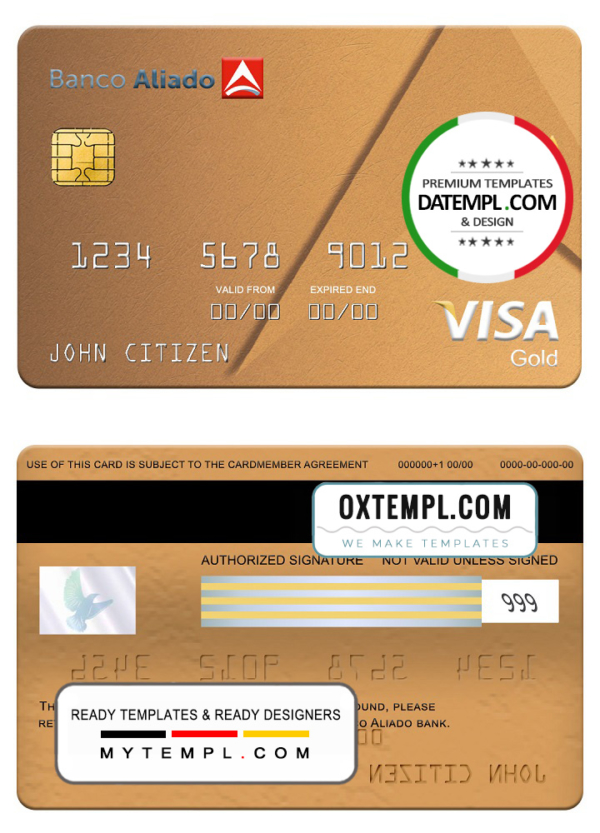 Panama Banco Aliado bank visa gold card, fully editable template in PSD format