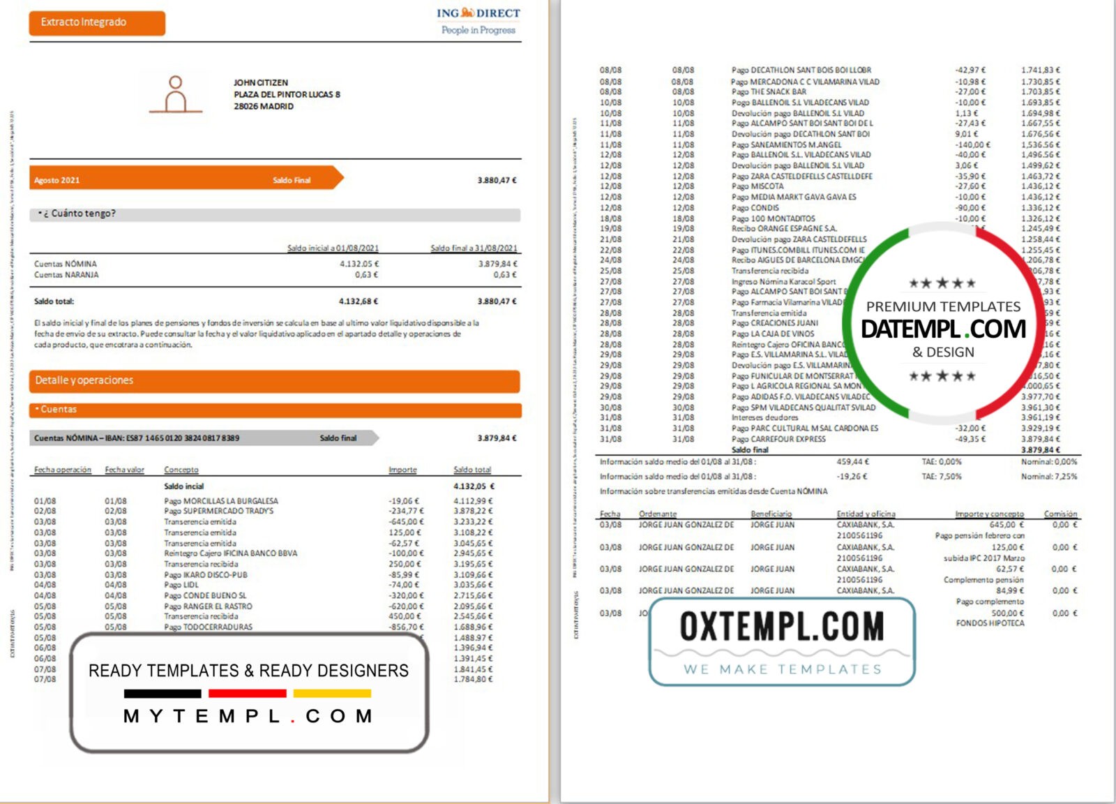 Spain ING Direct bank statement template in Word and PDF format, 3 pages