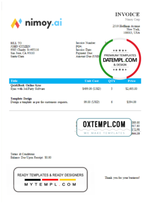 USA Nimoy Corp invoice template in Word and PDF format, fully editable