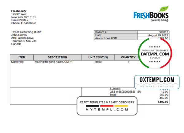 USA FreshBooks Company invoice template in Word and PDF format, fully editable