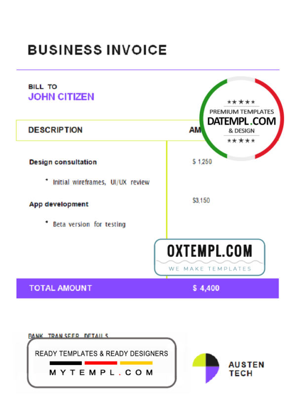 USA Austen Tech Company invoice template in Word and PDF format, fully editable