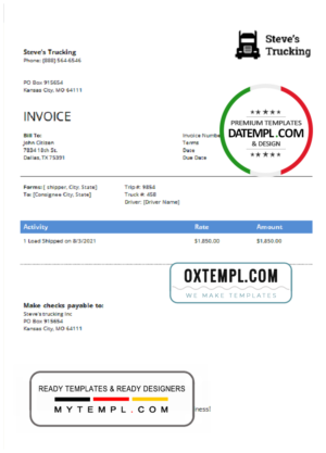USA Steve's Trucking Company invoice template in Word and PDF format, fully editable