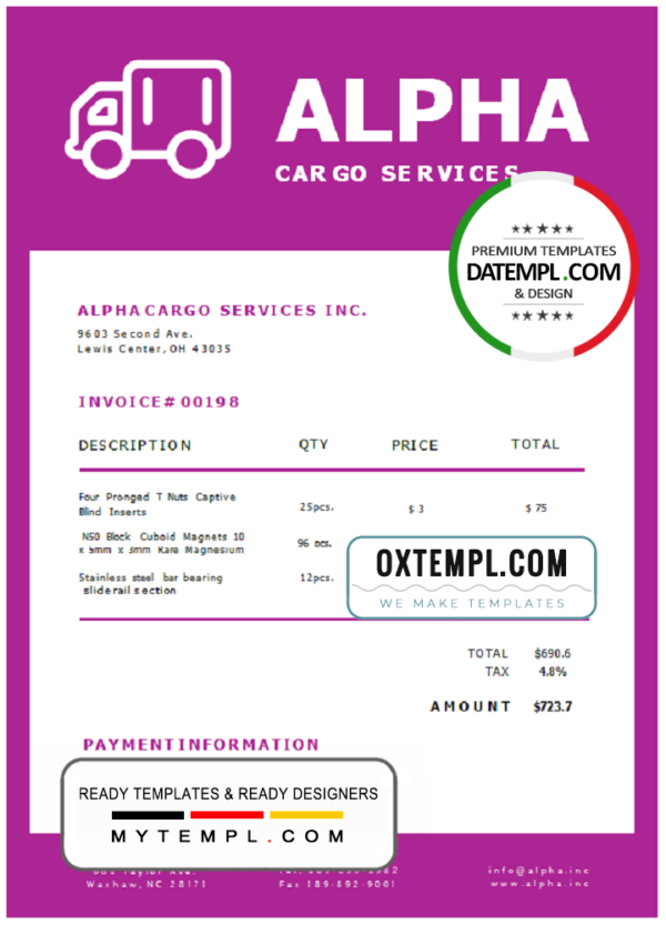 USA Alpha Cargo Services invoice template in Word and PDF format, fully editable