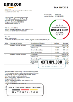 India Amazon American multinational technology company invoice template in Word and PDF format, fully editable
