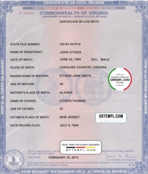 USA Virginia state birth certificate template in PSD format, fully editable