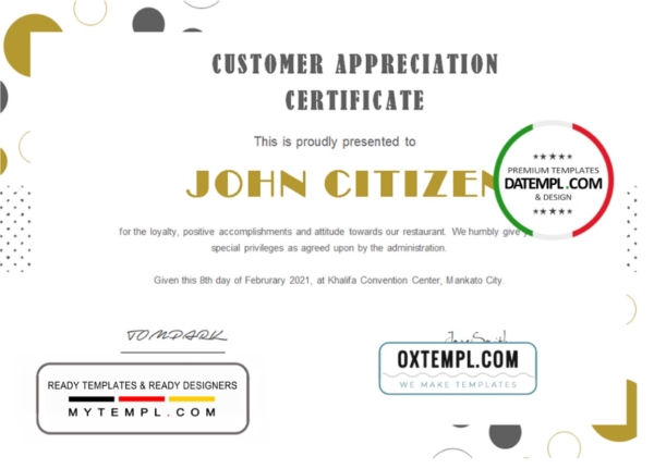 USA Customer Appreciation Certificate template in Word and PDF format