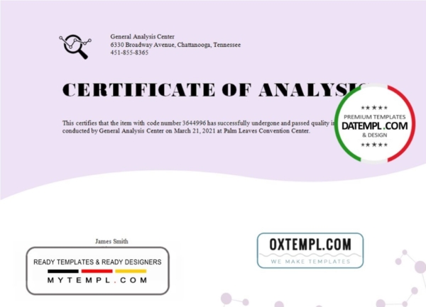 USA General Analysis certificate template in Word and PDF format