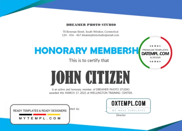 USA Honorary Membership certificate template in Word and PDF format