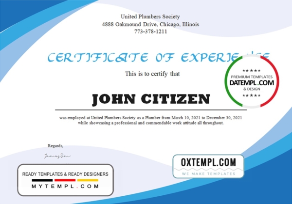 USA Plumbing Experience certificate template in Word and PDF format