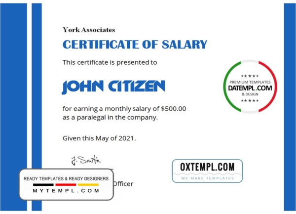 USA Salary certificate template in Word and PDF format