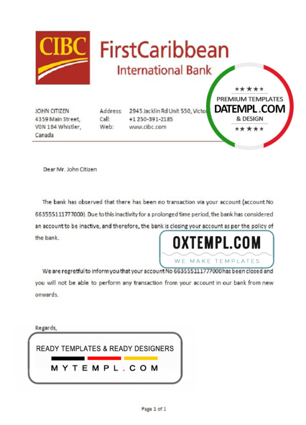 Canada CIBC Bank account closure reference letter template in Word and PDF format