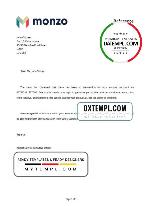 United Kingdom Monzo bank account closure reference letter template in Word and PDF format