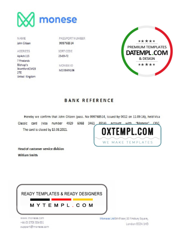 United Kingdom Monese bank account closure reference letter template in Word and PDF format
