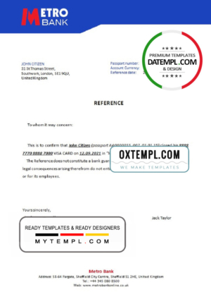 United Kingdom Metro bank account closure reference letter template in Word and PDF format