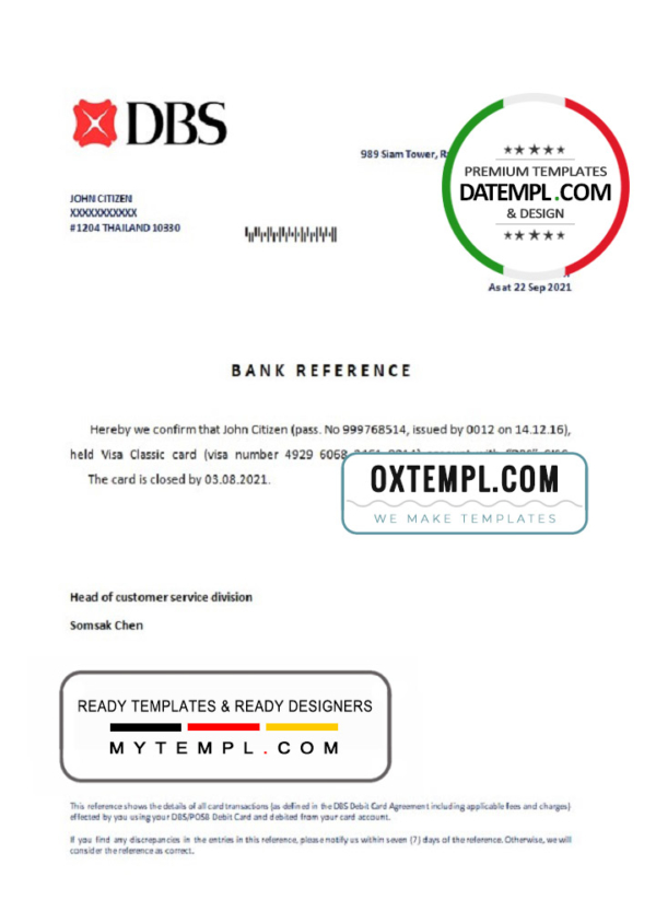 Thailand DBS bank account closure reference account reference letter template in Word and PDF format
