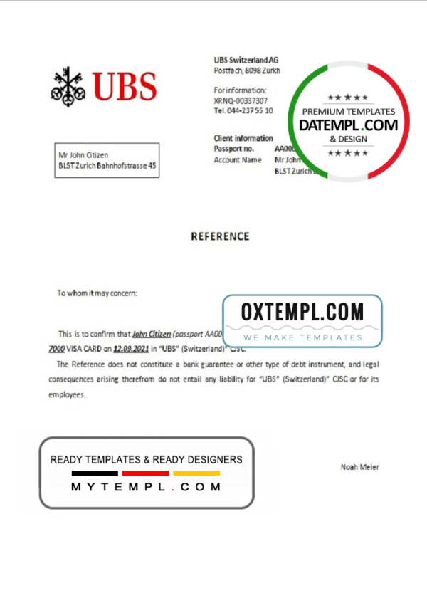 Switzerland UBS bank account closure reference letter template in Word and PDF format