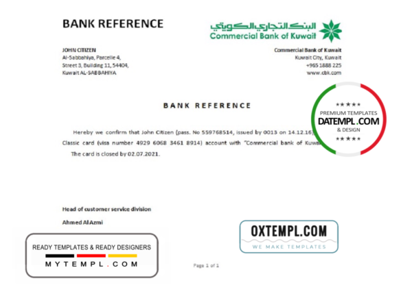 Kuwait Commercial Bank of Kuwait bank account closure reference letter template in Word and PDF format