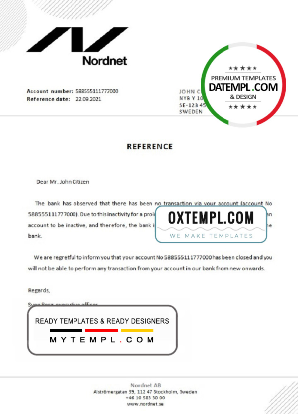Sweden Nordnet bank account closure reference letter template in Word and PDF format