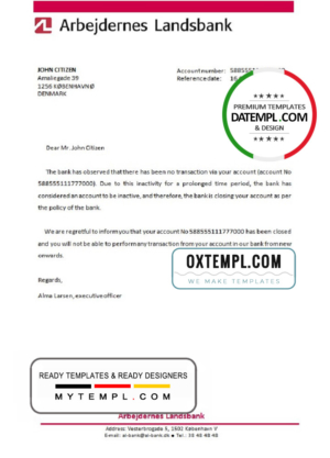 Denmark Arbejdernes Landsbank bank account closure reference letter template in Word and PDF format