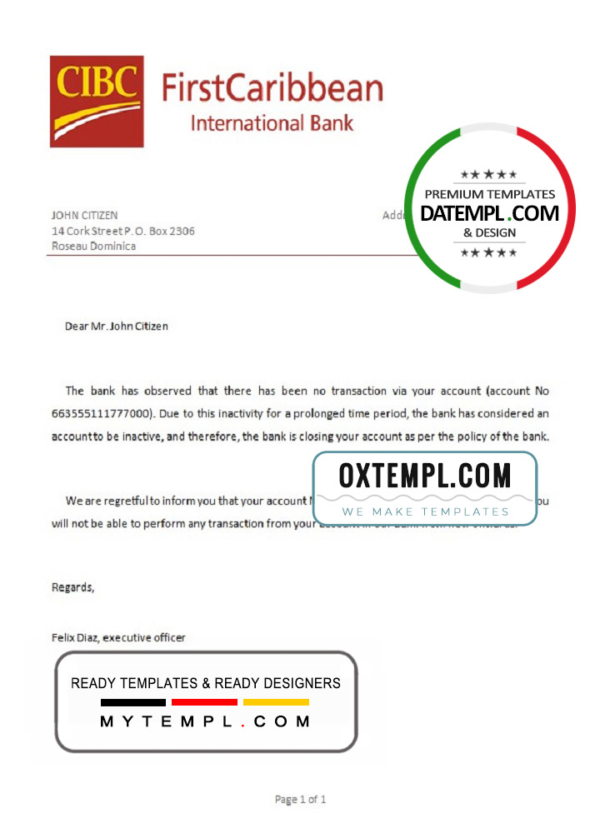 Dominica CIBC First Caribbean International bank account closure reference letter template in Word and PDF format