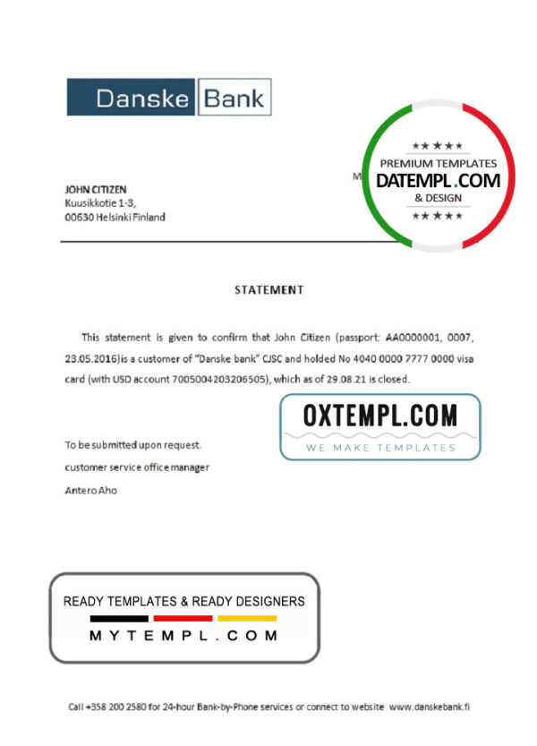 Finland Danske bank account closure reference letter template in Word and PDF format