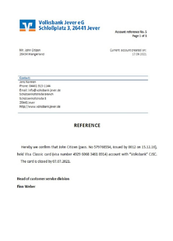 Germany Volksbank bank account closure reference letter template in Word and PDF format