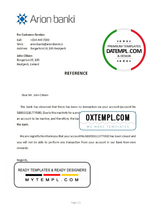 Iceland Arion bank account closure reference letter template in Word and PDF format