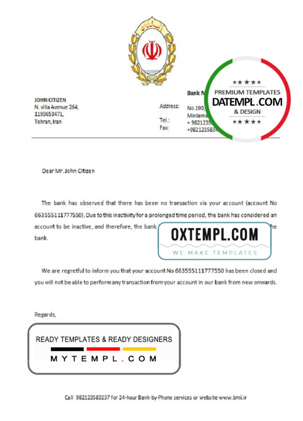 Iran Melli bank account closure reference letter template in Word and PDF format