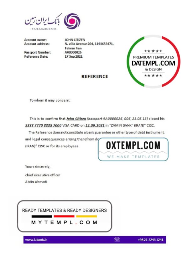 Iran Zamin bank account closure reference letter template in Word and PDF format