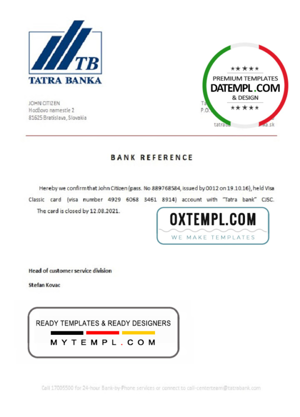 Slovakia Tatra Banka bank account closure reference letter template in Word and PDF format
