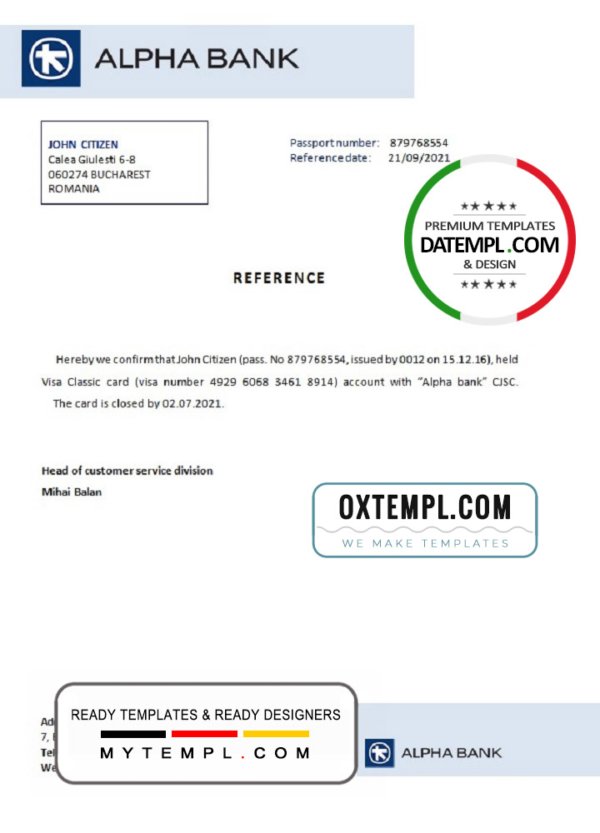 Romania Alpha Bank bank account closure reference letter template in Word and PDF format